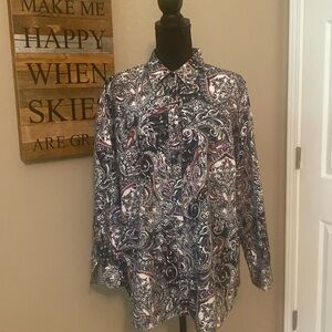 CHAPS paisley long sleeve blouse in black, wine, khaki on cream background Sz 2X